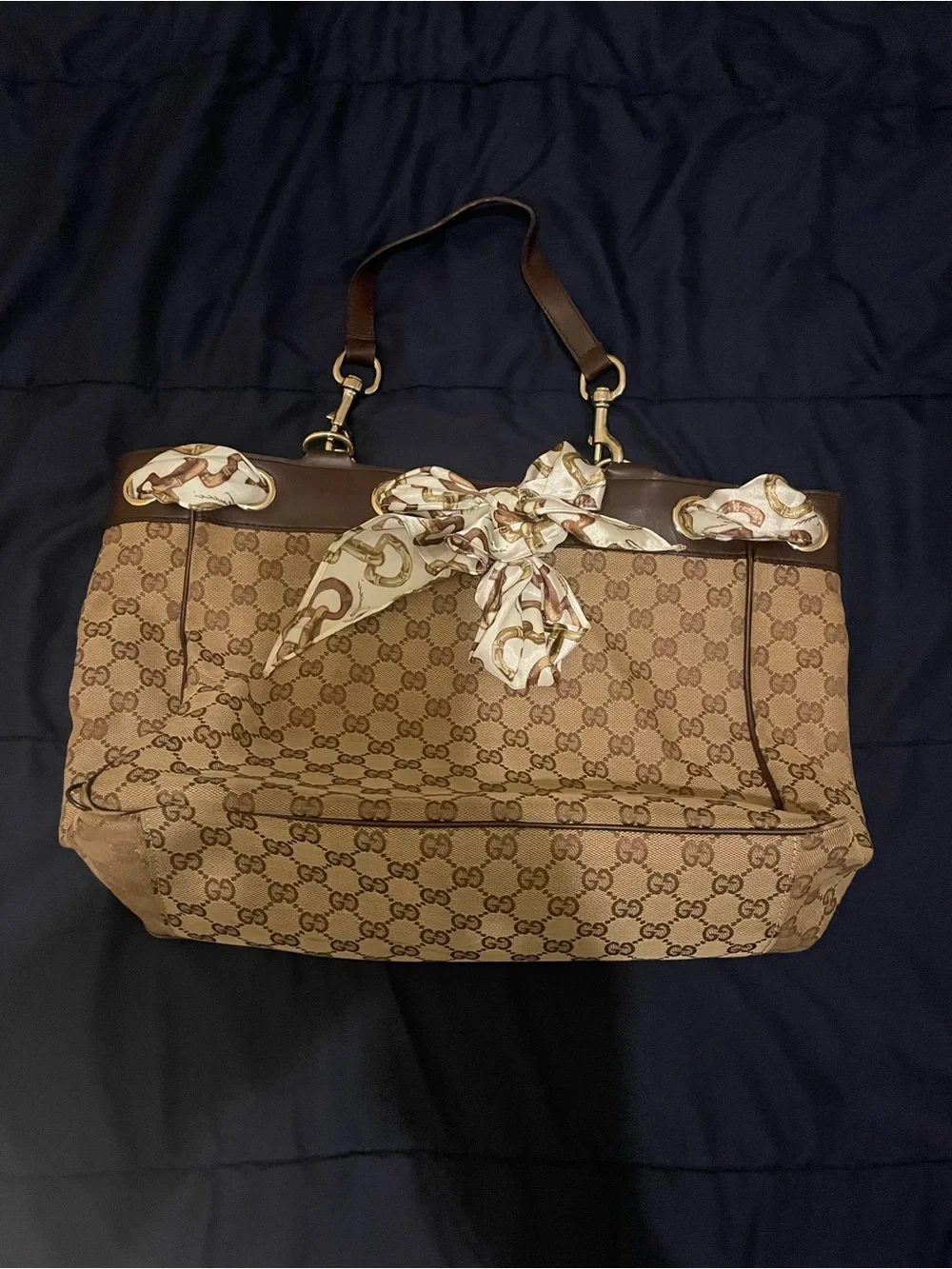 Gucci Brown Monogram Tote with Scarf Accent